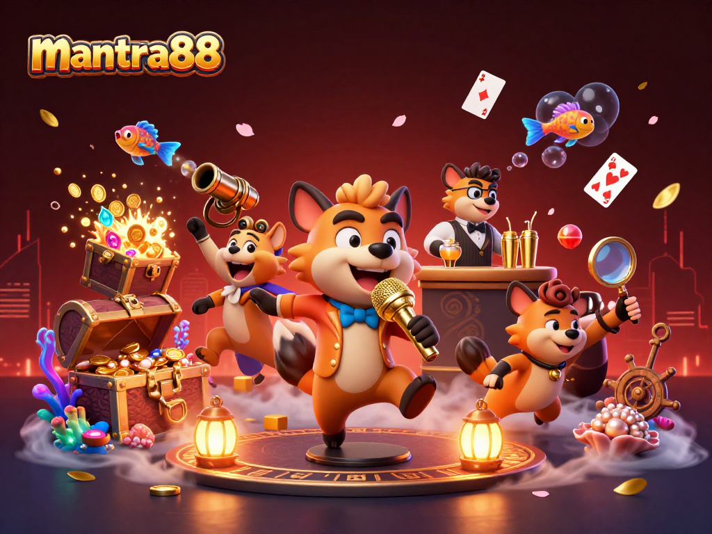 Join the fun at mantra88 casino, featuring hyenas engaged in comedy, cocktails, and security.