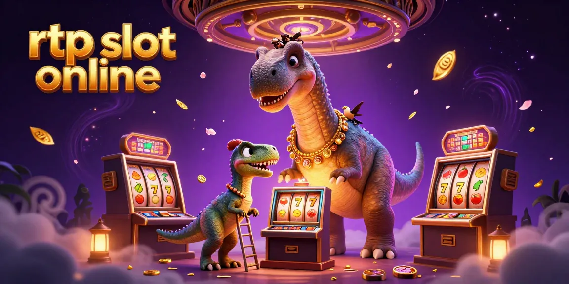 Menyaksikan keajaiban RTP slot online dengan brontosaurus menjulang di kasino, dikelilingi simbol slot dan efek dinamis.