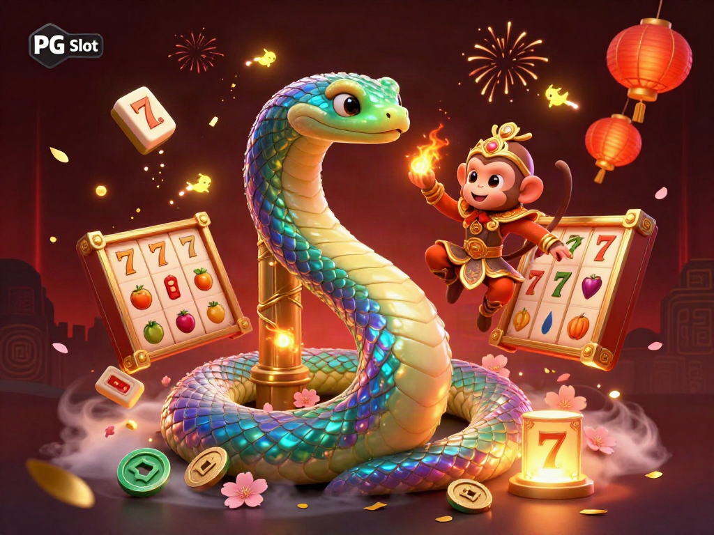 Experience PG Slot excitement with a rainbow serpent and monkey king amidst vibrant casino elements.
