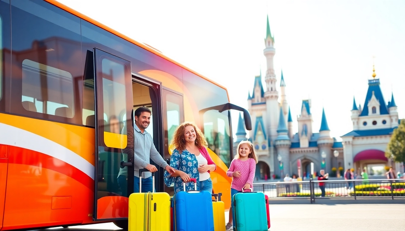 Families using transfers from paris airport to disneyland boarding a cheerful shuttle bus.