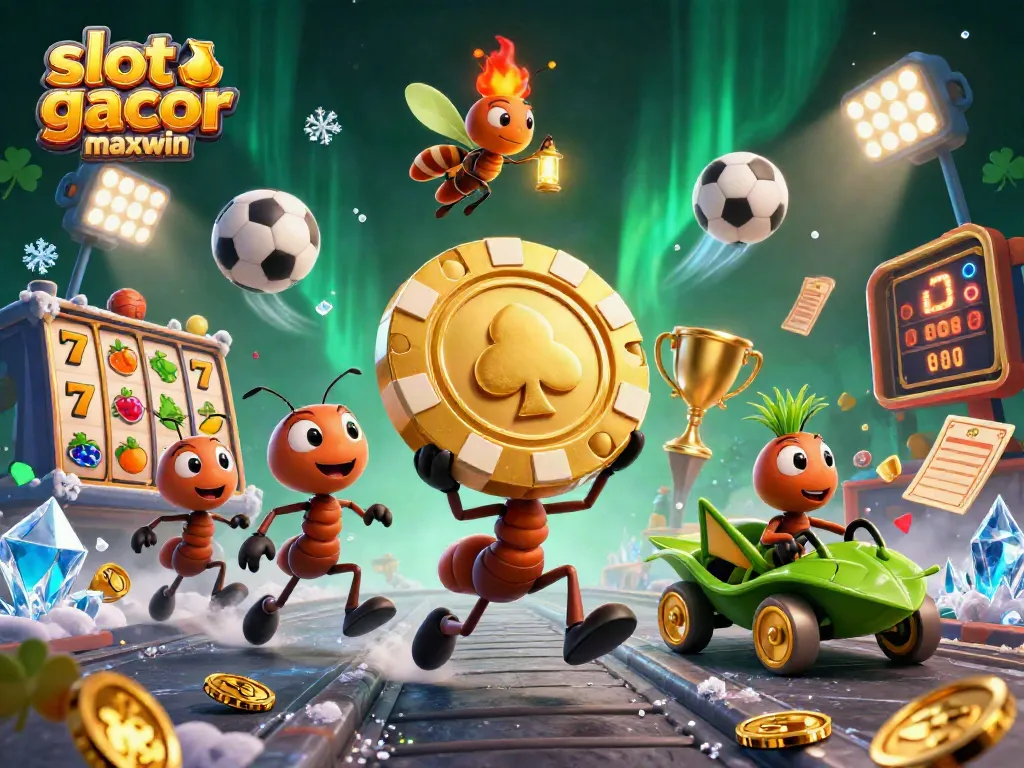 Ants beraksi dalam slot gacor maxwin mengantarkan chip poker emas raksasa di terowongan casino.