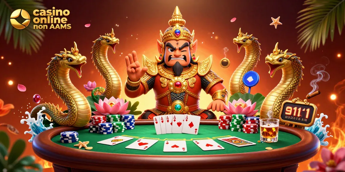 Scopri l'azione di un casino online non AAMS con guardian e serpenti, accompagnati da tavoli da poker.