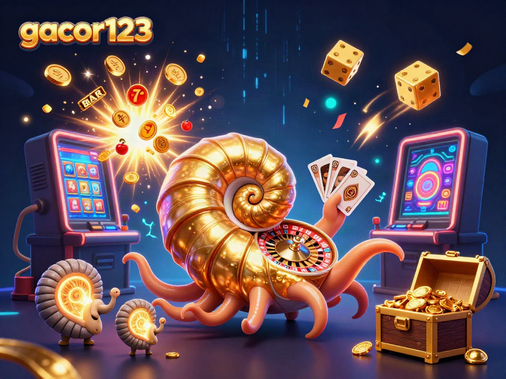 Experience thrilling gameplay with gacor123, featuring a giant nautilus roulette wheel and vibrant casino elements.