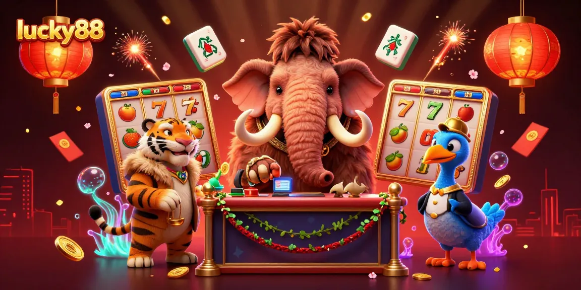 win big with lucky88 in vibrant 3D casino scene showcasing unique characters and slot game elements