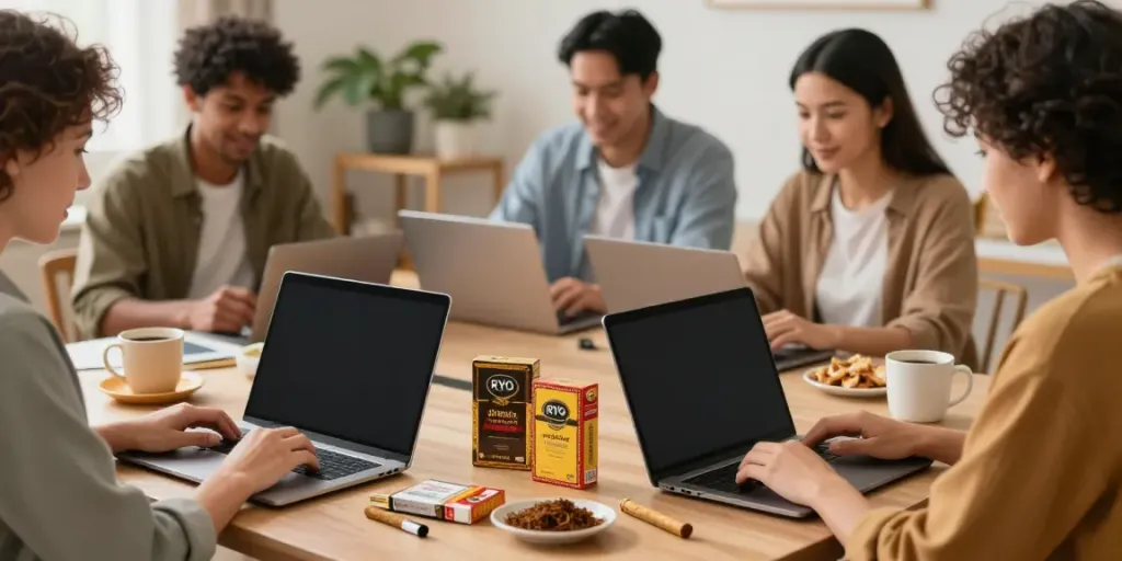 Adults browsing online for cheap tobacco products in a cozy setting, emphasizing the option to buy cheap tobacco online Australia.