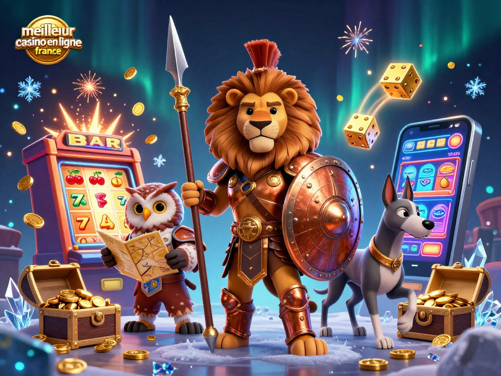 Découvrez le meilleur casino en ligne France avec une illustration dynamique de jeu, où un lion spartiate rencontre une machine à sous.