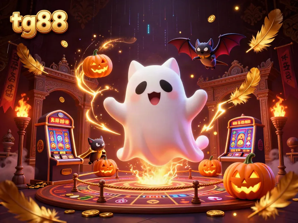 Engage with tg88's thrilling casino adventure featuring a ghost cat and glowing poker jack-o-lanterns.