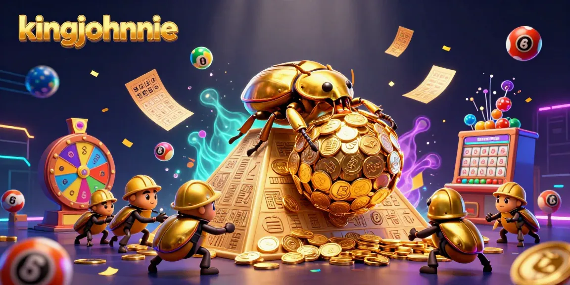 Engage with kingjohnnie Casino's vibrant illustration featuring a golden beetle amidst a dynamic gaming scene.