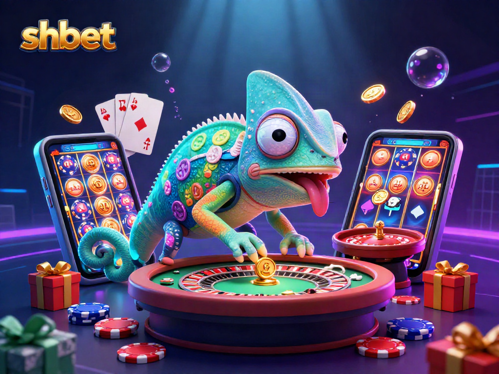 Engage with shbet's lively casino scene featuring colorful games, golden coins, and a whimsical chameleon owner.