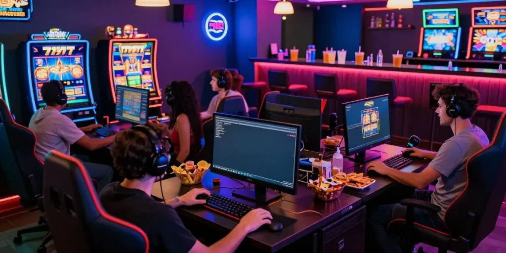 Pengalaman bermain slot777 yang mengasyikkan di lounge permainan dengan pencahayaan neon.