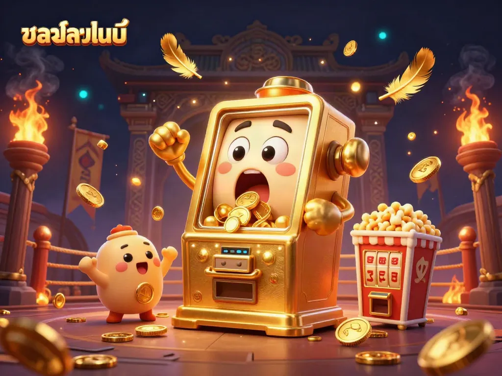 Experience thrilling บอลออนไลน์ action as a golden slot machine hits the jackpot surrounded by cheering machines and vibrant casino elements.