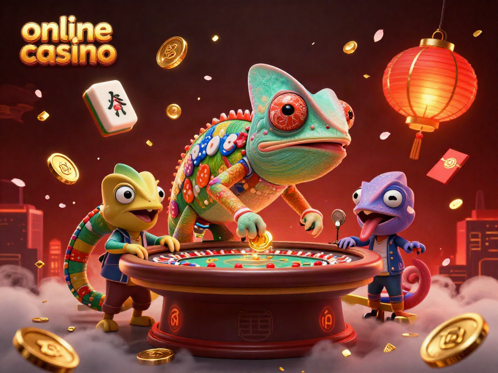Explore thrilling online casino adventures with a vibrant chameleon casino owner and dynamic game elements!
