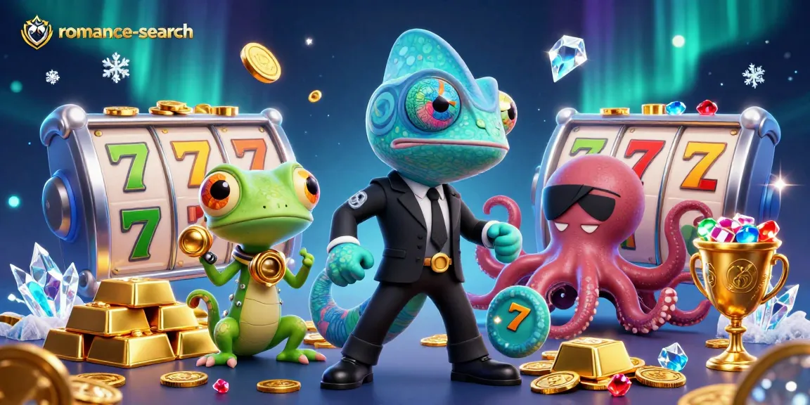 Spin to win at romance-search with a vibrant 3D casino scene showcasing chameleon agents and treasures.