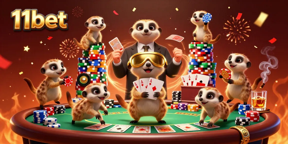 Engage with the vibrant 11bet casino scene featuring colorful poker chips and lively meerkat characters.