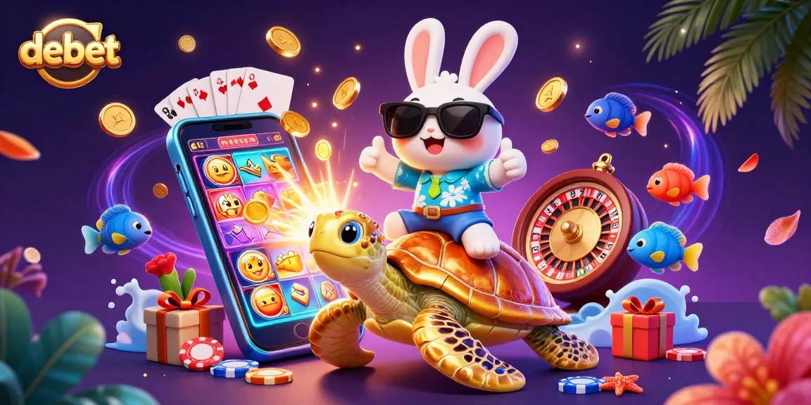 Spin the reels with debet's fun characters in this vibrant, casino-themed illustration.