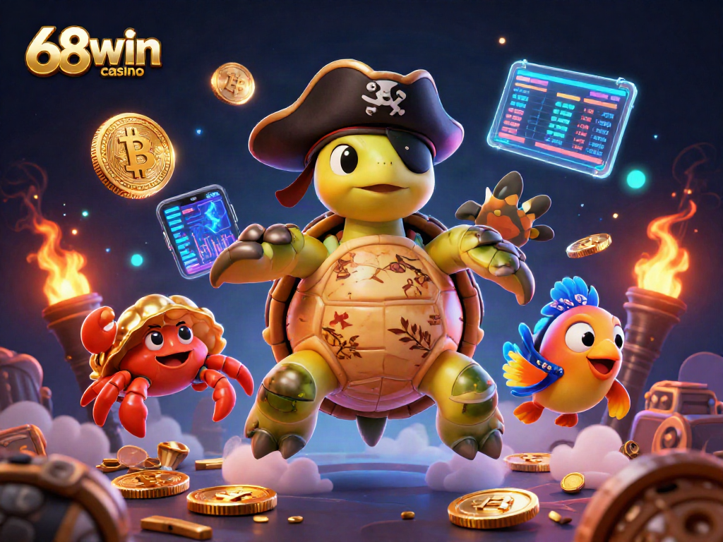 Experience the excitement of 68win casino with a vibrant underwater scene featuring unique characters and crypto-themed elements.