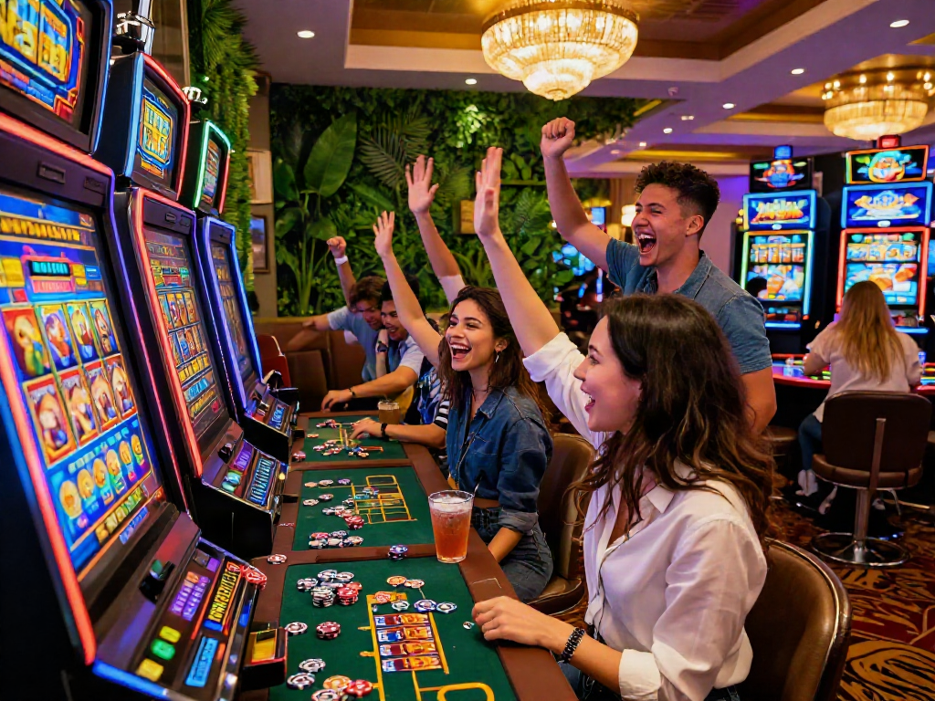 Friends celebrating a win at a vibrant agen slot machine in a lively casino setting.