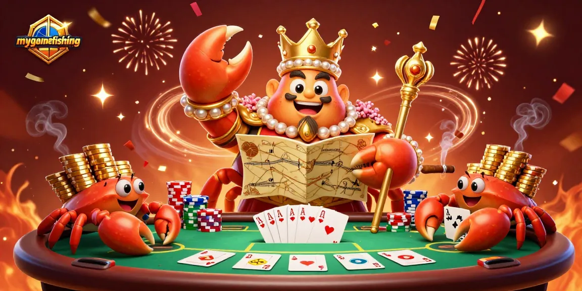 Engage in mygamefishing with a golden crab emperor reigning over a vibrant casino scene filled with poker elements.