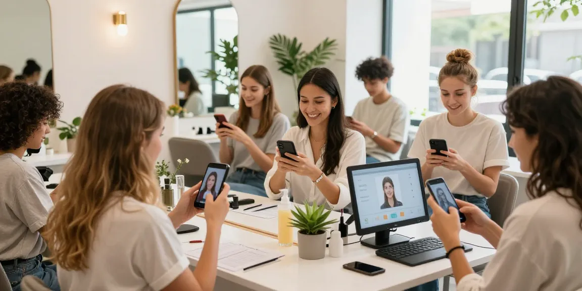 Group testing their attractiveness in a modern beauty salon, showcasing smiles and engagement.