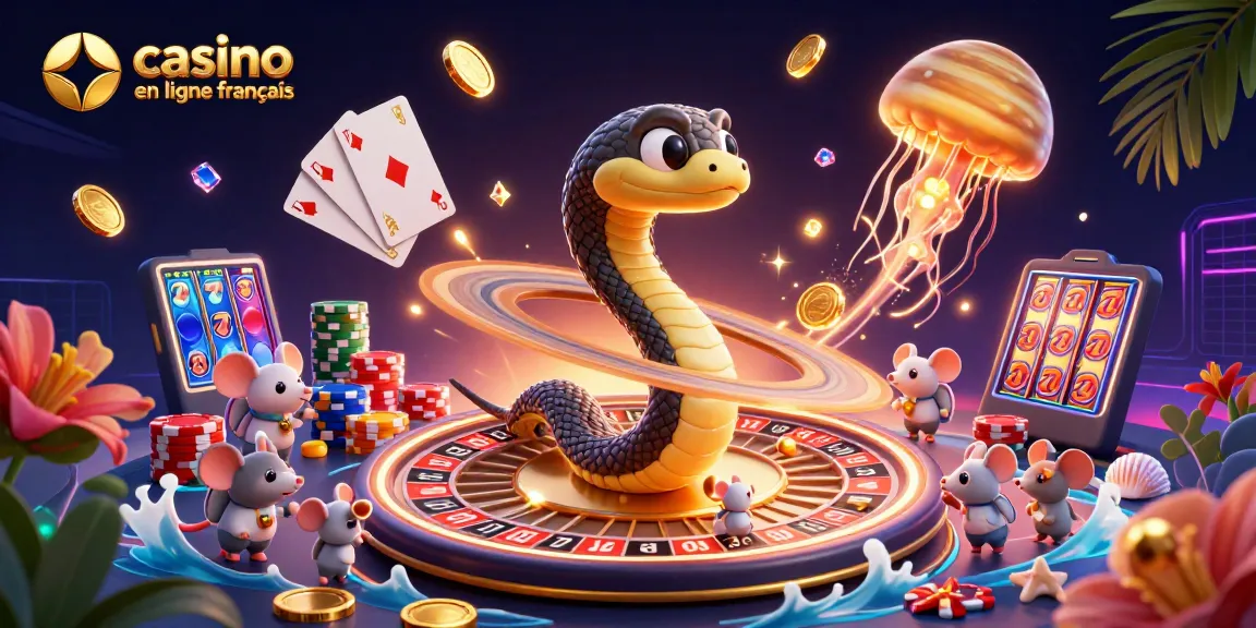 Plongez dans l'univers du casino en ligne français avec un serpent autour de Saturne jouant à la roulette.