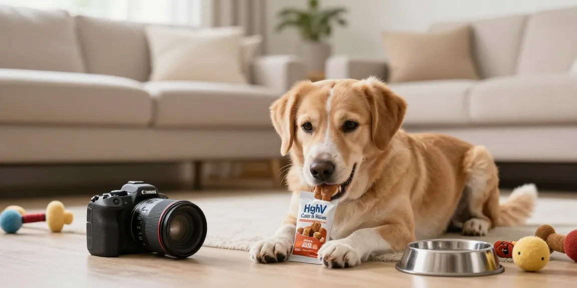 Calming Dog Treats being enjoyed by a happy dog in a cozy living room, promoting relaxation and wellness.