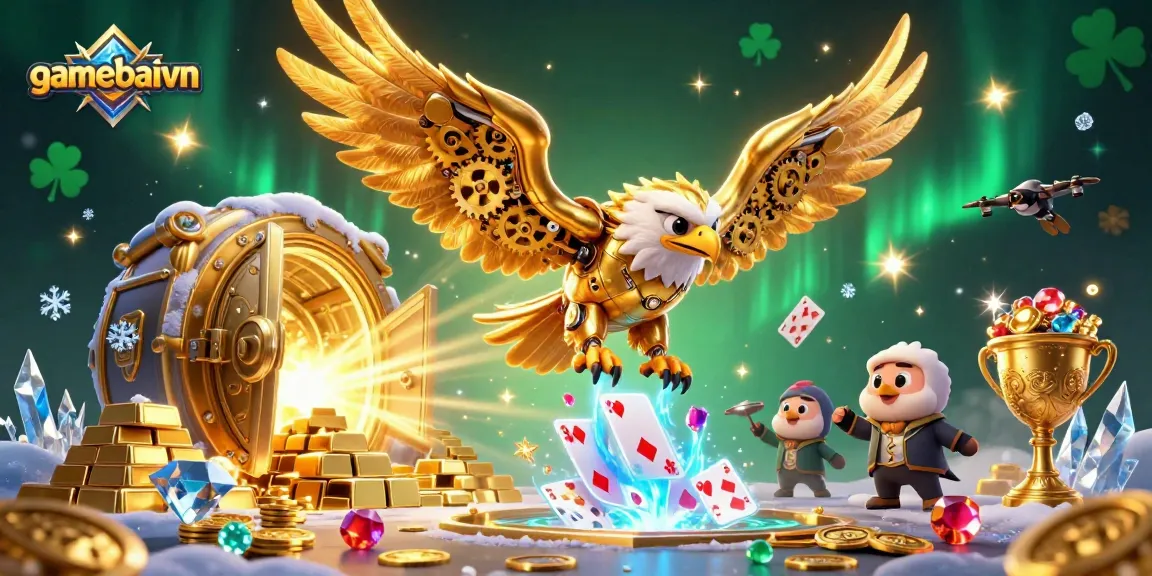 Engage with gamebaivn's 3D gaming adventure, featuring a cybernetic golden eagle amidst cascading playing cards.