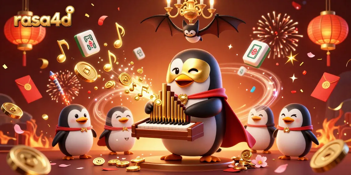 Rasa4d merayakan kemenangan dalam ilustrasi kasino dengan penguin opera dan koin emas.