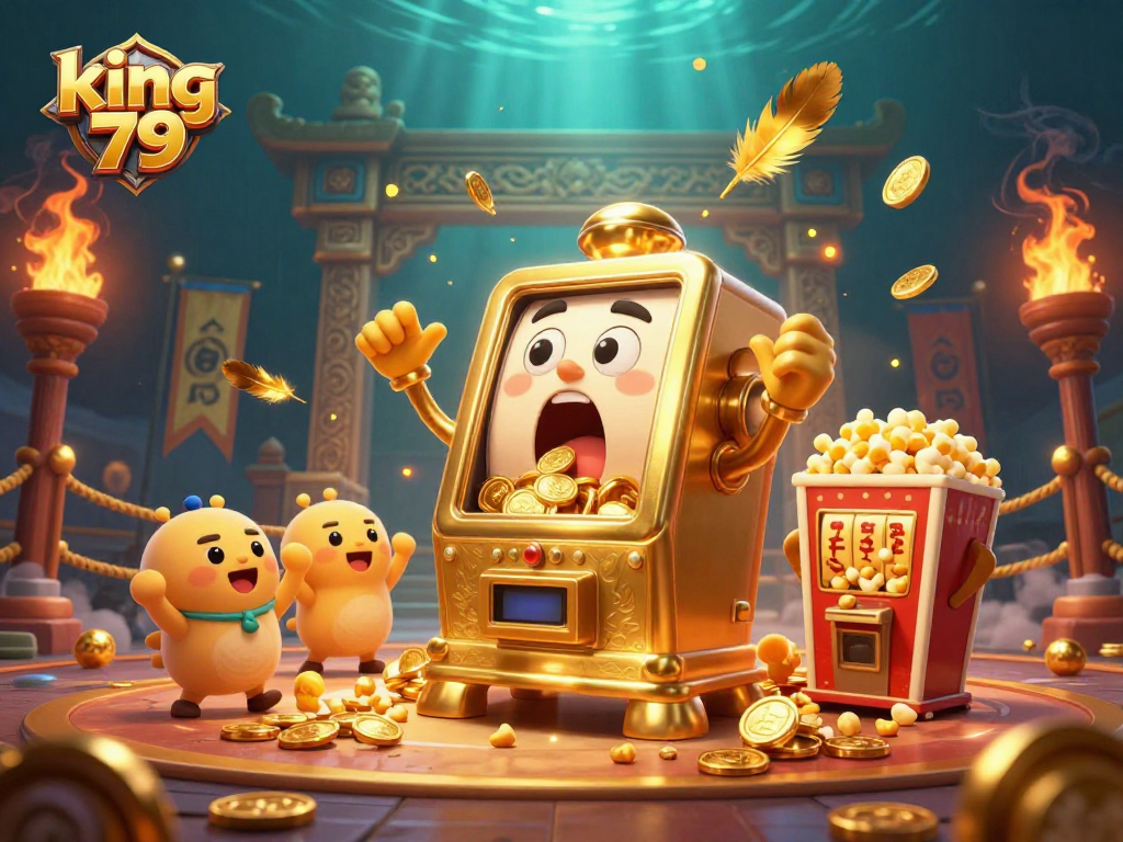 Experience king 79 action as a cartoon golden slot machine hits a jackpot amidst swirling casino excitement.