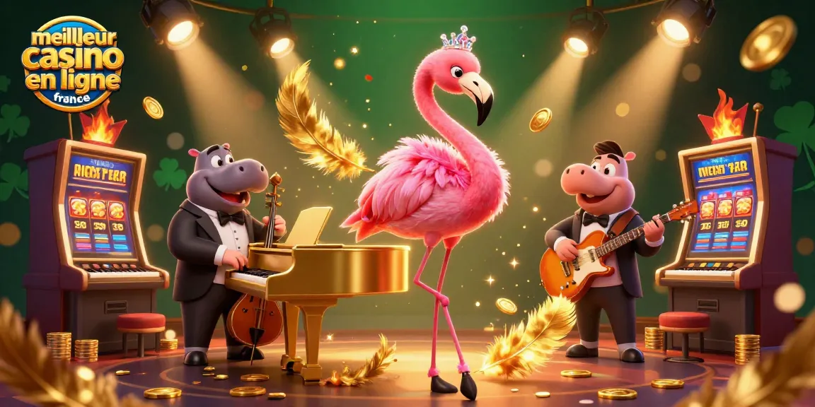 Admirez le meilleur casino en ligne France avec une chanteuse flamant rose et des éléments de jeu captivants.