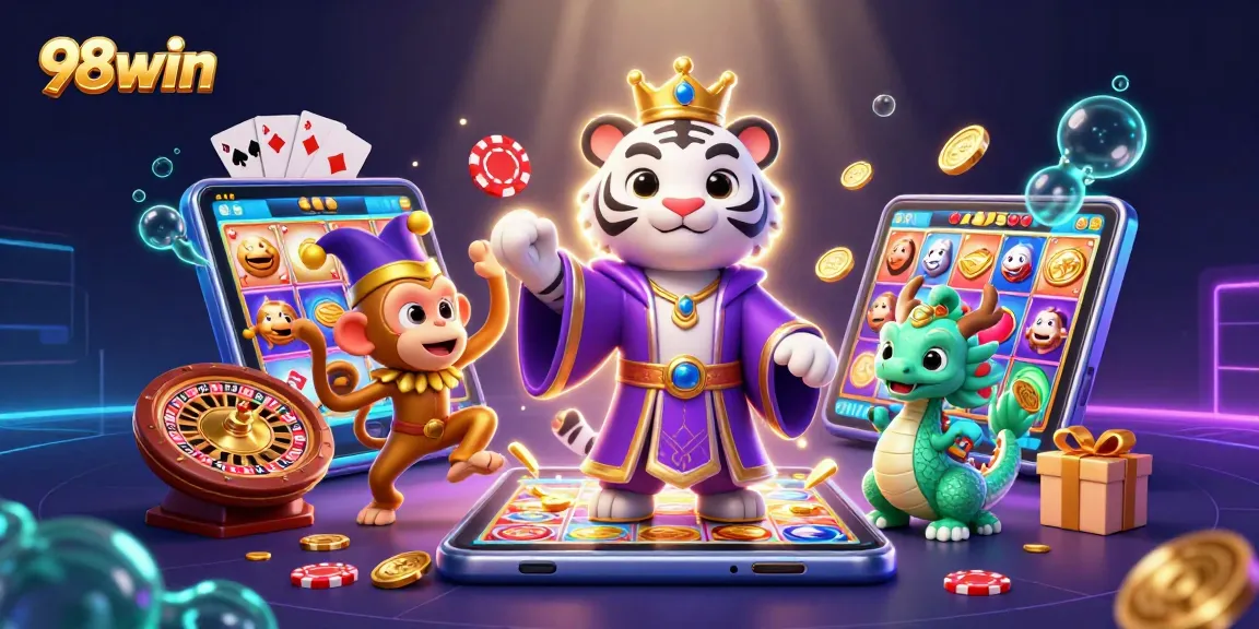 Spin to win with 98win in a vibrant casino atmosphere featuring a lively tiger and monkey.