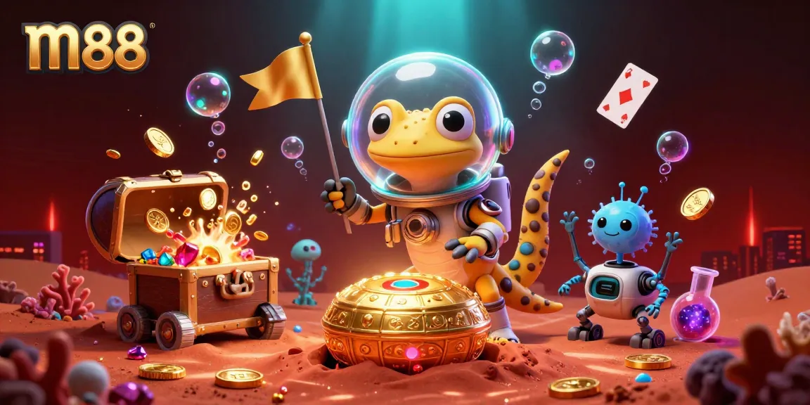 Capture the excitement of m88 online casino with a Martian gecko uncovering treasures in a vibrant, alien landscape.