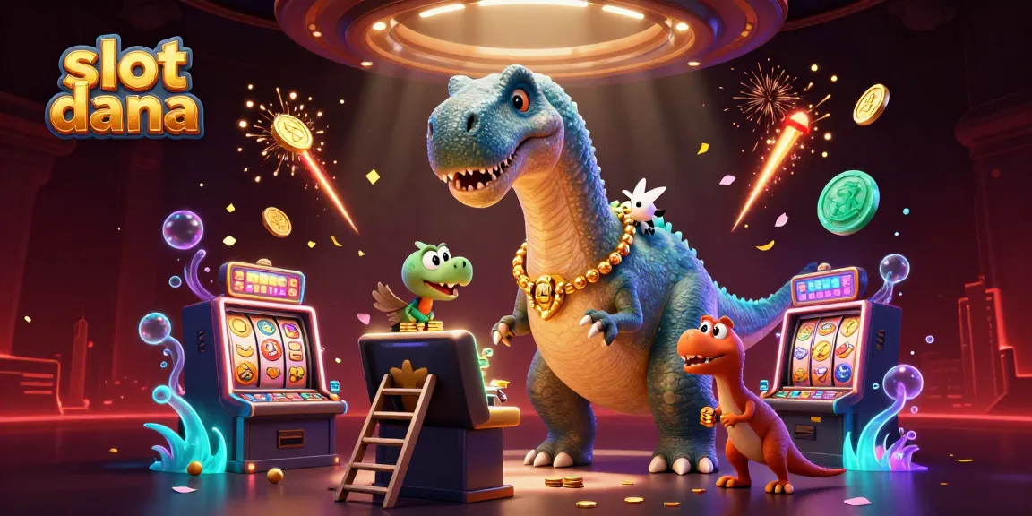 Engage with slot dana in this lively casino scene featuring a giant brontosaurus among vibrant slot reels.