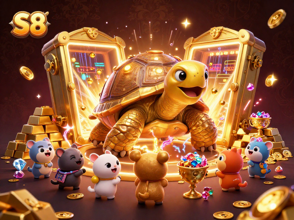 S8 captivates players at a dynamic scene with a colossal tortoise pinball machine amidst treasure in an online casino.