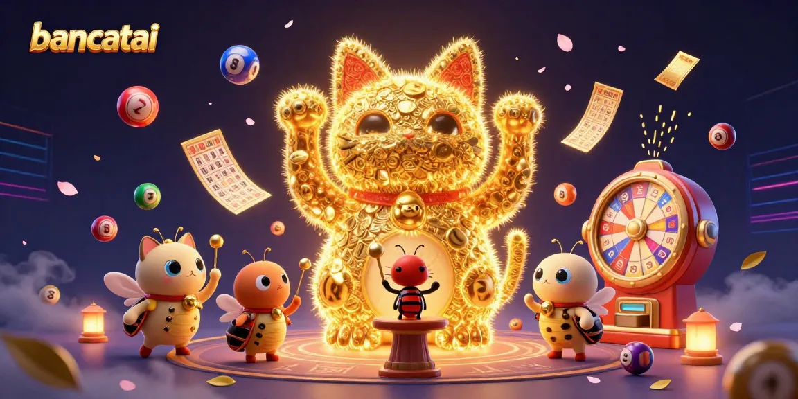 Engage with bancatai's vibrant lottery-themed illustration showcasing a lucky cat and dynamic game elements.