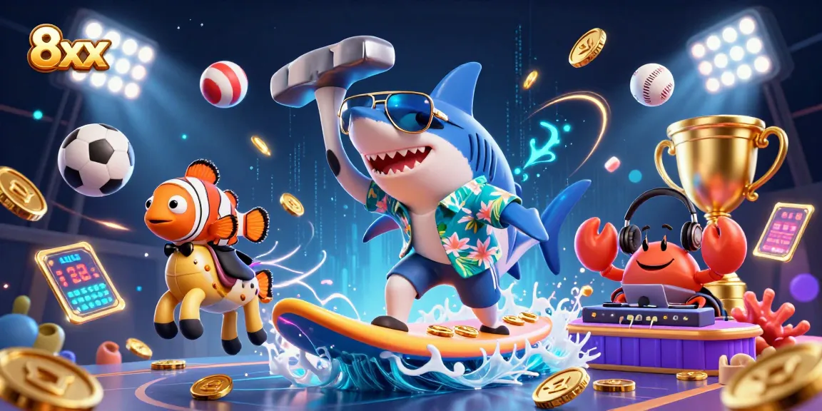 Experience the thrill of betting with 8xx as a shark surfs gold coins in a vibrant casino scene.