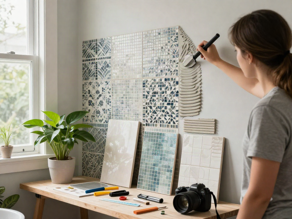 Mosaic tiles sydney showcased in a stylish bathroom renovation, with an engaged homeowner applying adhesive surrounded by tile samples.