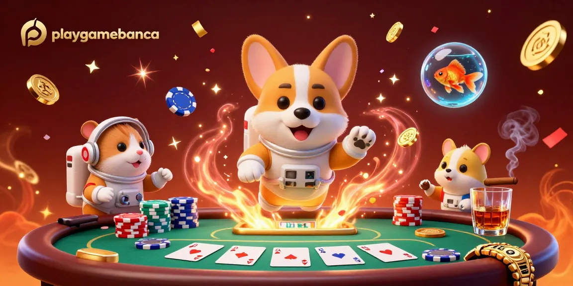 Engage with playgamebanca's exciting casino scene featuring floating poker elements and characters.
