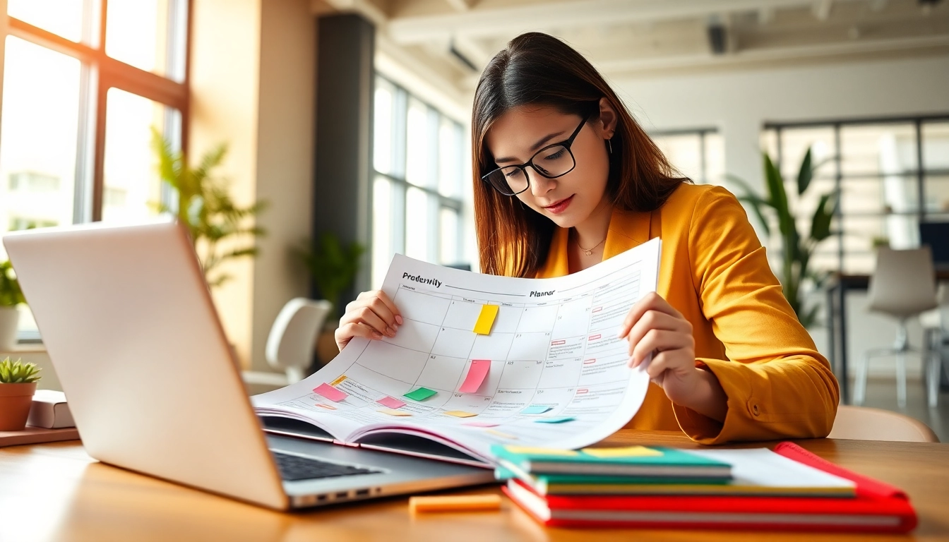 Boost Your Most Productive Life with an organized workspace featuring productivity tools.