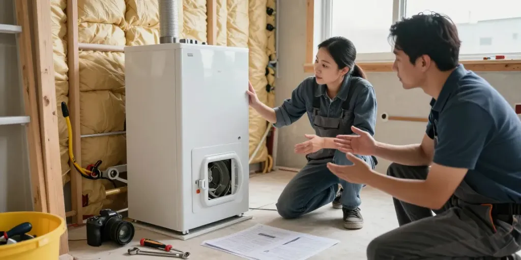 Furnace Install Calgary with technician installing modern gas furnace in a bright basement.