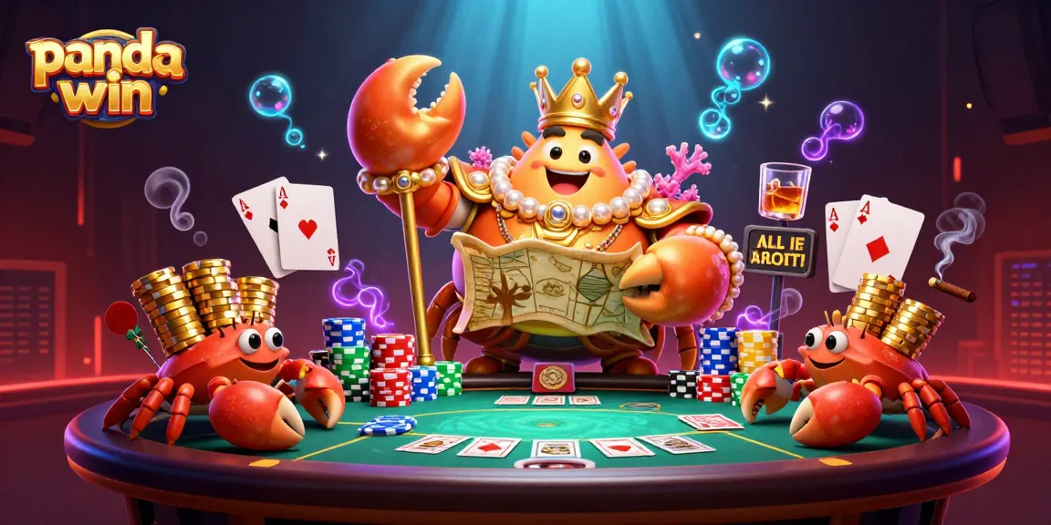 Panda win showcases a vibrant casino scene with a golden crab emperor, poker elements, and bursting energy.