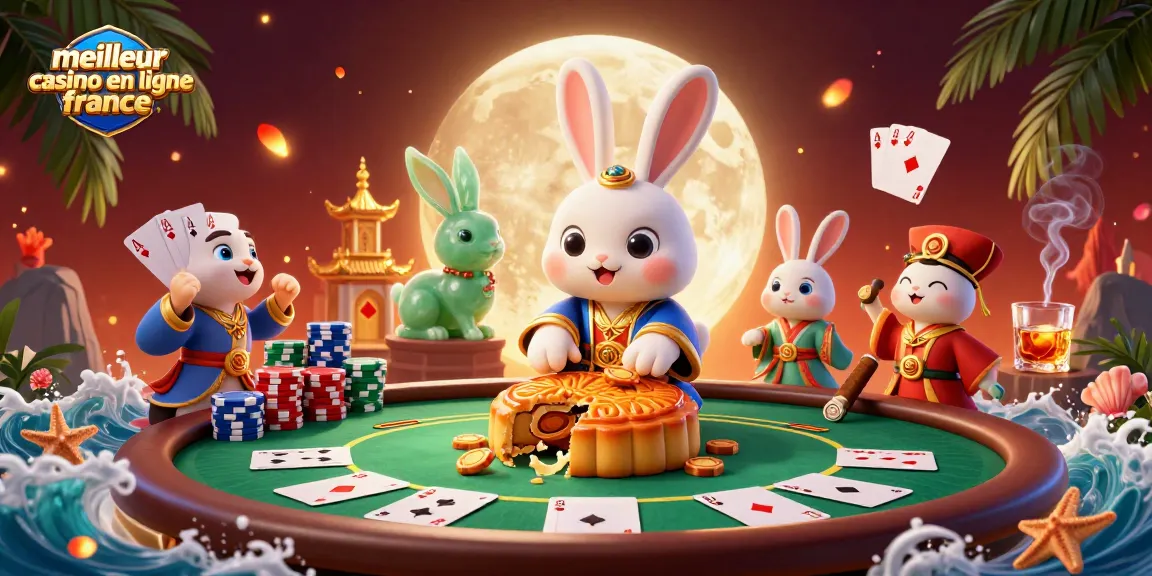 Illustration captivante du meilleur casino en ligne en France avec un lapin sur la lune et des jetons de poker.