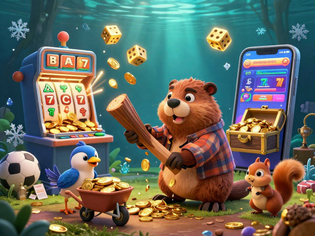 Engage with parlay sports betting through a vibrant illustration of a beaver character amidst a casino-like atmosphere.