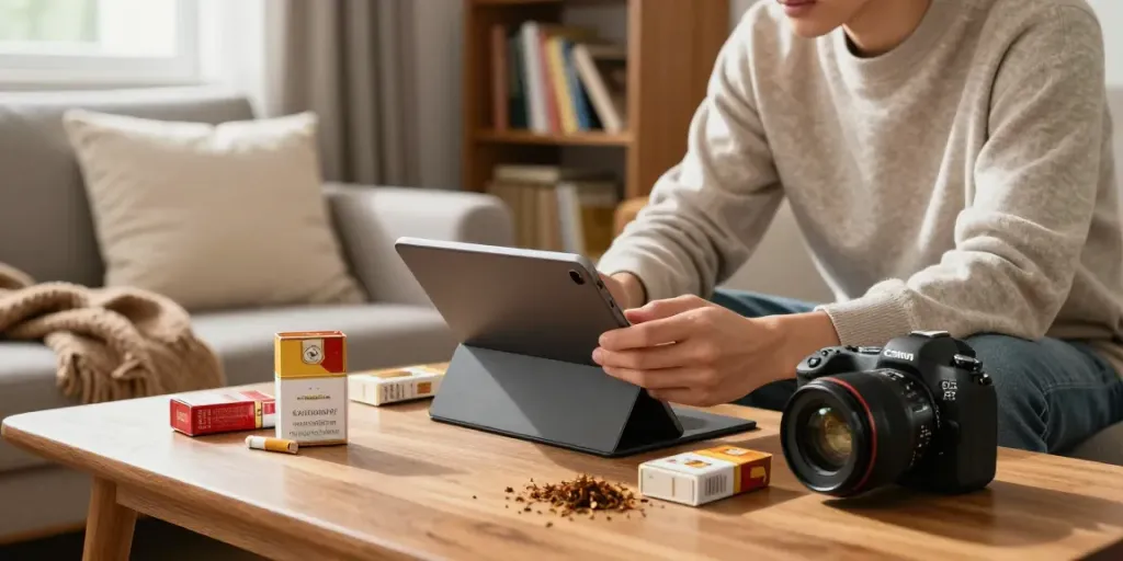 Purchase cheap tobacco and cigarettes online in a cozy home setting, showcasing a young adult browsing products on a tablet.