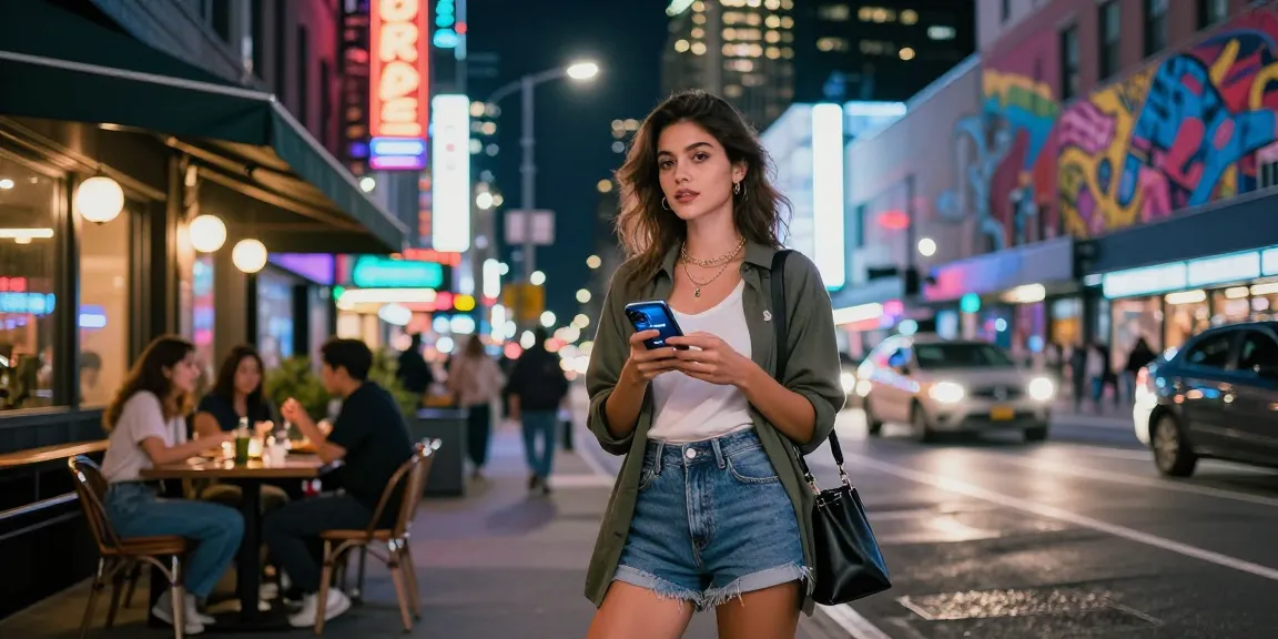 Gái gọi xuất hiện trong không gian đêm ở phố thị, tỏa sáng bên những biển quảng cáo neon.