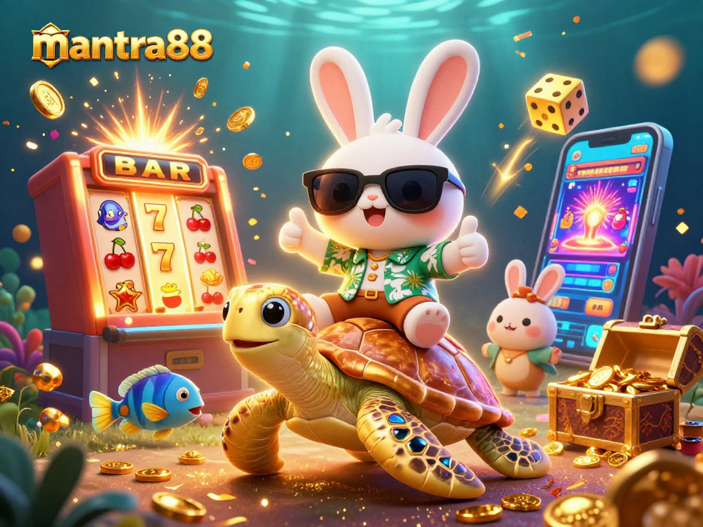 Experience the thrill of mantra88 with a lucky rabbit and a golden turtle amidst a jackpot explosion!