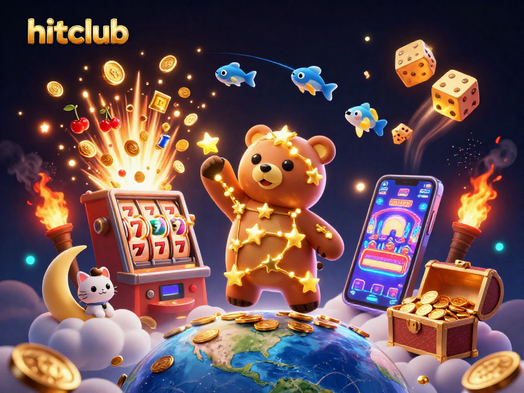 Join the excitement at hitclub, where a constellation bear and friends celebrate a jackpot win!