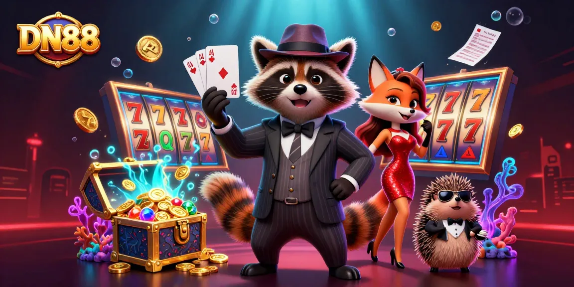 Experience the excitement of DN88 with a playful raccoon and friends in a vibrant casino scene filled with winning elements.