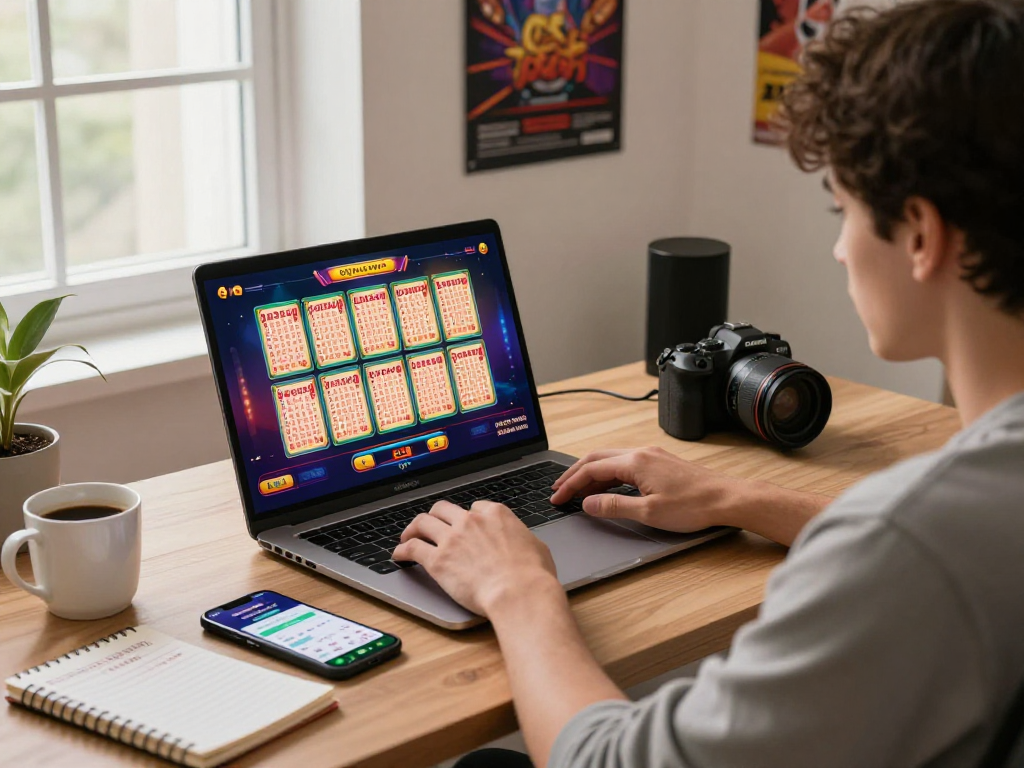 Dewatogel user engaging in online lottery gaming from home office.