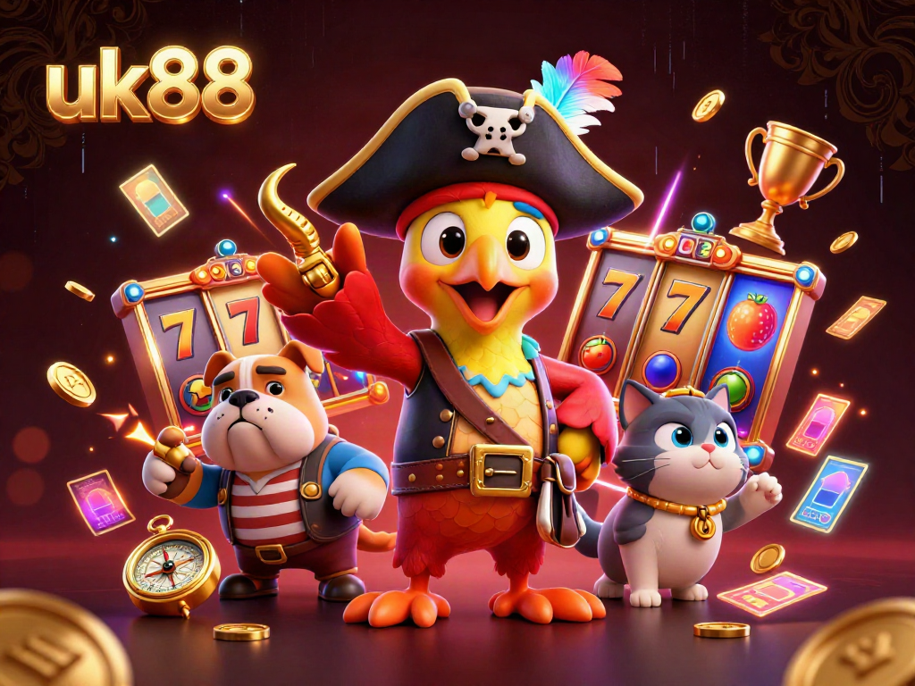 Experience the vibrant excitement of uk88 with a pirate captain and his crew amidst dynamic slot game elements.