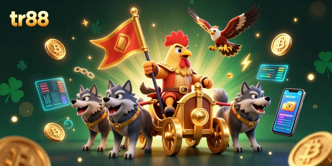 Engage with the thrilling tr88 gaming experience, featuring a dynamic rooster warlord scene amidst cryptocurrency elements.